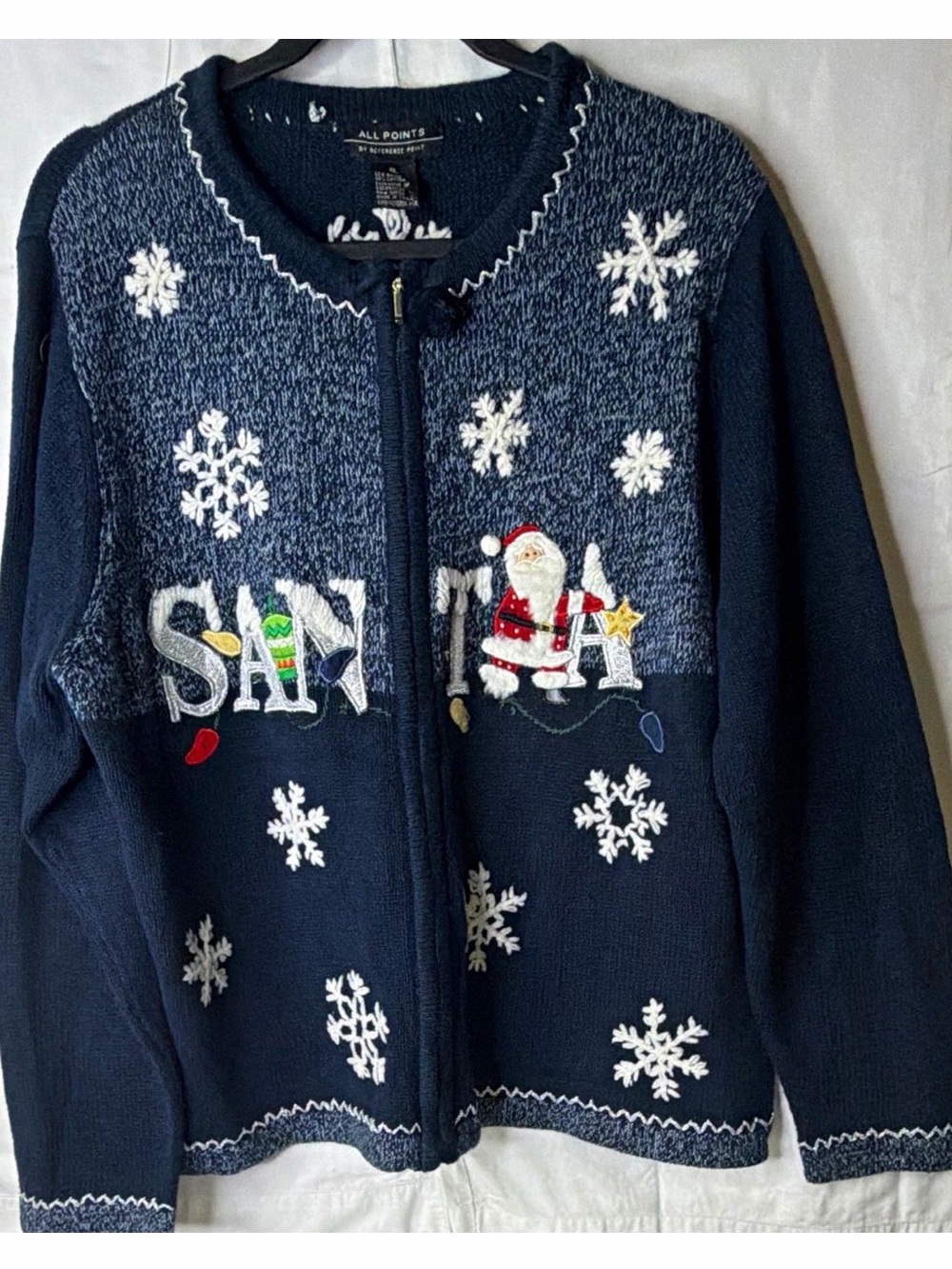 All Points Women's Navy V-Neck Holiday Zip Sweater